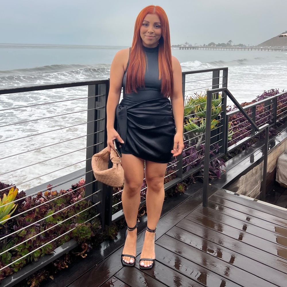 Vegan Leather & Satin Wrap Bodycon Dress - Black - Picture 12 of 12